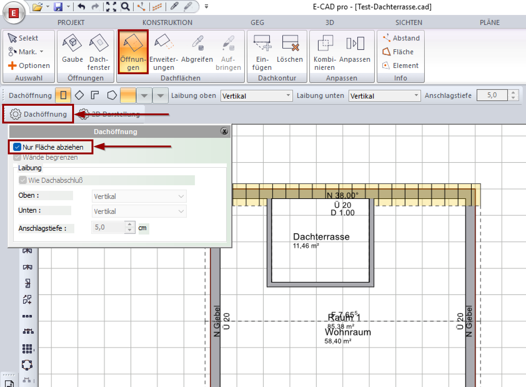 Dachöffnung Fläche korrigieren