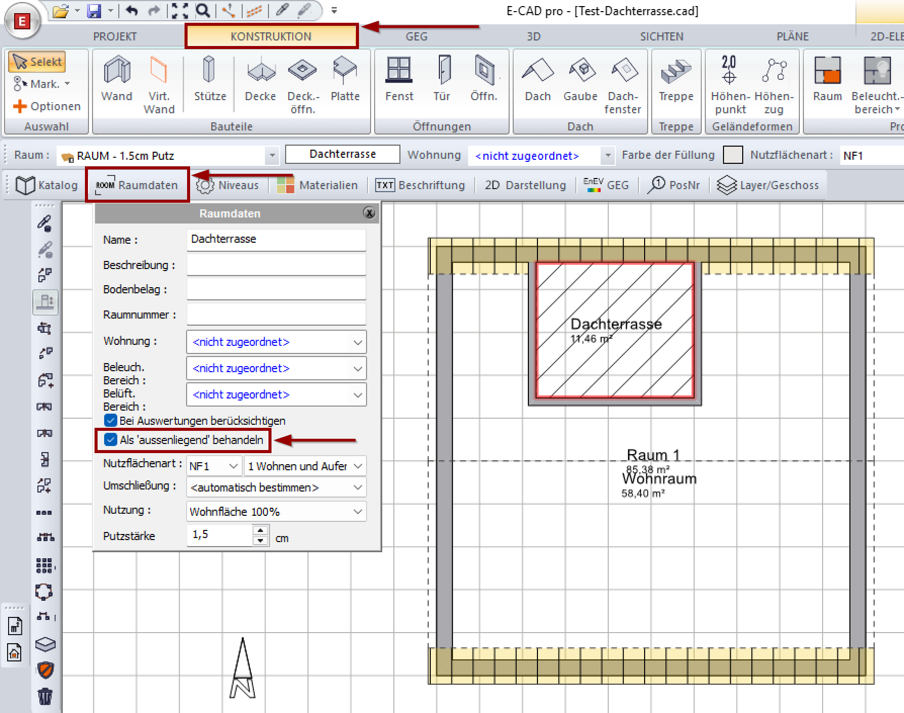 Raumdaten - Raum als außenliegend behandeln